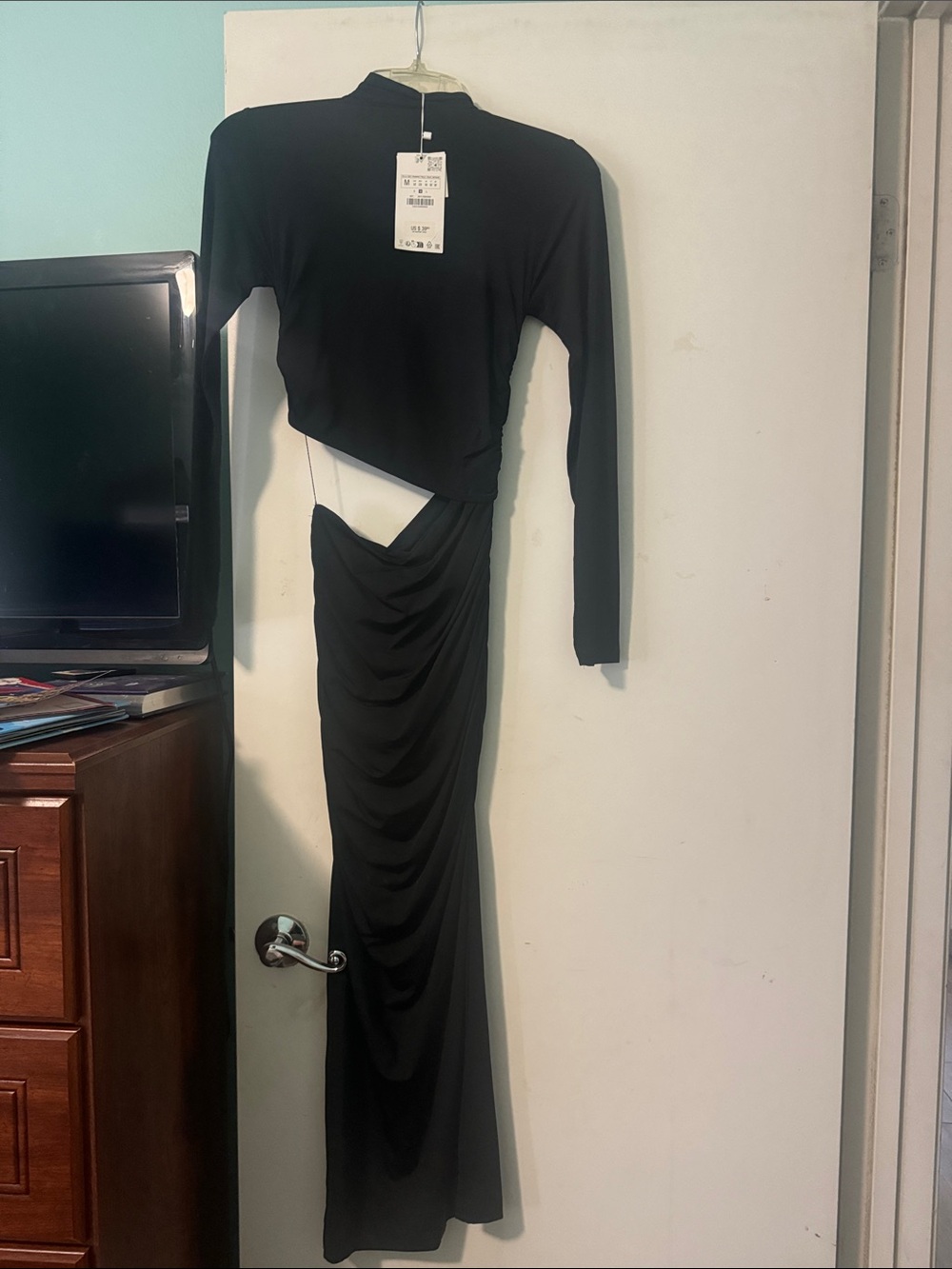 Zara Black Long Sleeve Cutout Ruched Maxi Dress